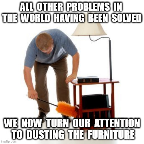 What An Utter Waste Of Time! | ALL  OTHER  PROBLEMS  IN  THE  WORLD  HAVING  BEEN  SOLVED; WE  NOW  TURN  OUR  ATTENTION  TO  DUSTING  THE  FURNITURE | image tagged in dusting | made w/ Imgflip meme maker