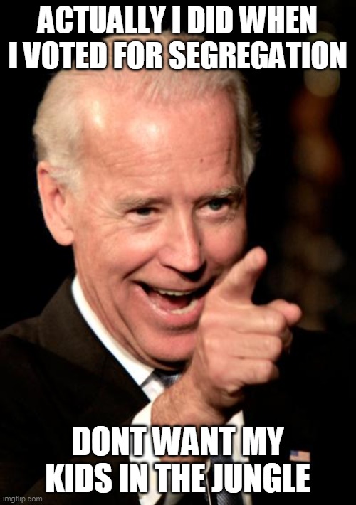 Smilin Biden Meme | ACTUALLY I DID WHEN I VOTED FOR SEGREGATION DONT WANT MY KIDS IN THE JUNGLE | image tagged in memes,smilin biden | made w/ Imgflip meme maker