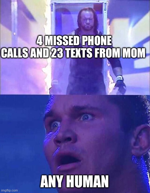 Randy Orton, Undertaker | 4 MISSED PHONE CALLS AND 23 TEXTS FROM MOM; ANY HUMAN | image tagged in randy orton undertaker | made w/ Imgflip meme maker