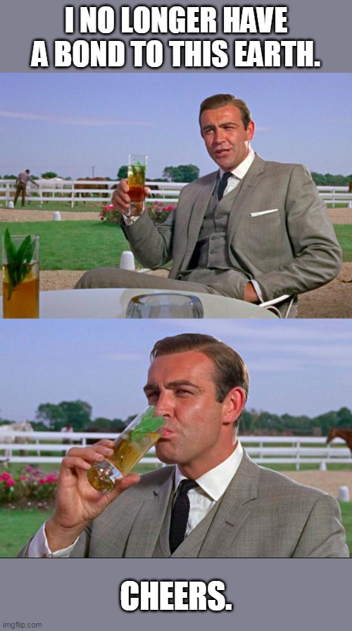 Connery, Sean Connery: August 5th, 1930 ~ October 31st, 2020 | I NO LONGER HAVE A BOND TO THIS EARTH. CHEERS. | image tagged in sean connery kermit | made w/ Imgflip meme maker