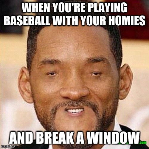Will Smith Tiny Face | WHEN YOU'RE PLAYING BASEBALL WITH YOUR HOMIES; AND BREAK A WINDOW | image tagged in will smith tiny face | made w/ Imgflip meme maker