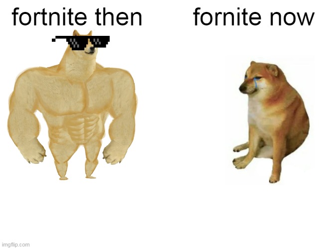 furtnwite | fortnite then; fornite now | image tagged in memes,buff doge vs cheems | made w/ Imgflip meme maker