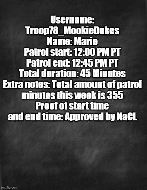 Patrol | Username: Troop78_MookieDukes
Name: Marie
Patrol start: 12:00 PM PT
Patrol end: 12:45 PM PT
Total duration: 45 Minutes
Extra notes: Total amount of patrol minutes this week is 355
Proof of start time and end time: Approved by NaCL | image tagged in black blank | made w/ Imgflip meme maker