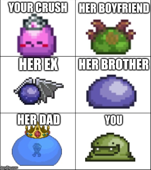 6 panel | HER BOYFRIEND; YOUR CRUSH; HER EX; HER BROTHER; HER DAD; YOU | image tagged in 6 panel | made w/ Imgflip meme maker