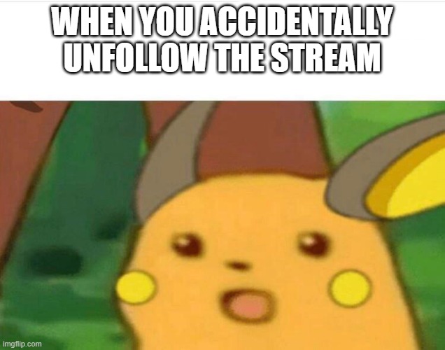 surprised raichu |  WHEN YOU ACCIDENTALLY UNFOLLOW THE STREAM | image tagged in surprised raichu | made w/ Imgflip meme maker