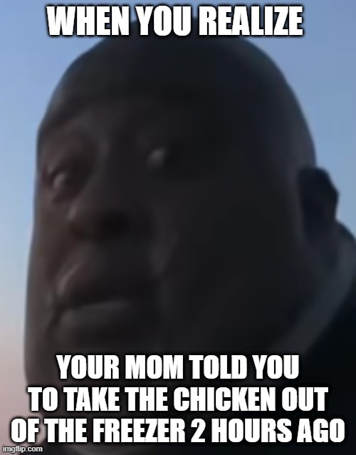 oop | WHEN YOU REALIZE; YOUR MOM TOLD YOU TO TAKE THE CHICKEN OUT OF THE FREEZER 2 HOURS AGO | image tagged in funny meme | made w/ Imgflip meme maker