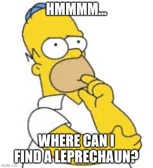 Homer Simpson Hmmmm | HMMMM... WHERE CAN I FIND A LEPRECHAUN? | image tagged in homer simpson hmmmm | made w/ Imgflip meme maker