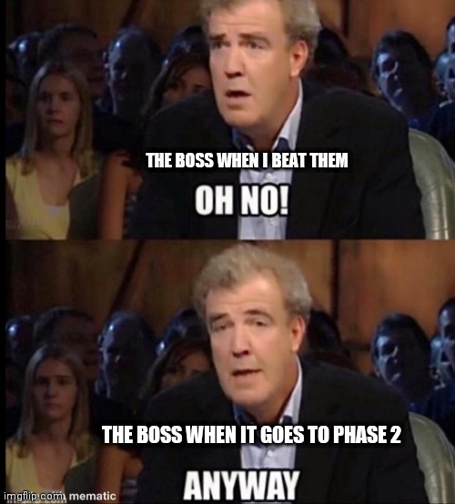 Why must some bosses have a phase 2? | THE BOSS WHEN I BEAT THEM; THE BOSS WHEN IT GOES TO PHASE 2 | image tagged in oh no anyway | made w/ Imgflip meme maker