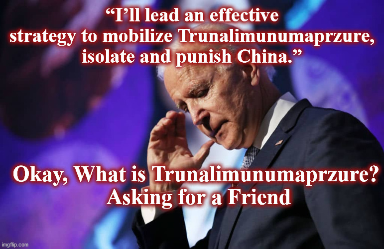 biden | “I’ll lead an effective strategy to mobilize Trunalimunumaprzure, isolate and punish China.”; Okay, What is Trunalimunumaprzure?  Asking for a Friend | image tagged in biden | made w/ Imgflip meme maker