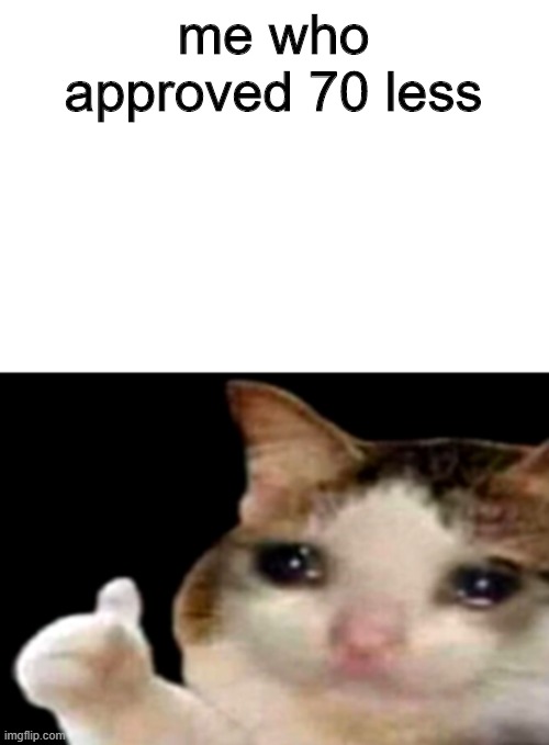 Sad cat thumbs up white spacing | me who approved 70 less | image tagged in sad cat thumbs up white spacing | made w/ Imgflip meme maker