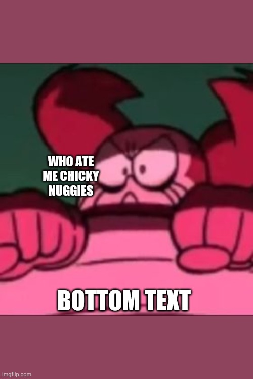 chicky nuggies >:( | WHO ATE ME CHICKY NUGGIES; BOTTOM TEXT | image tagged in mad spinel,spinel,steven universe,chicken nuggets | made w/ Imgflip meme maker