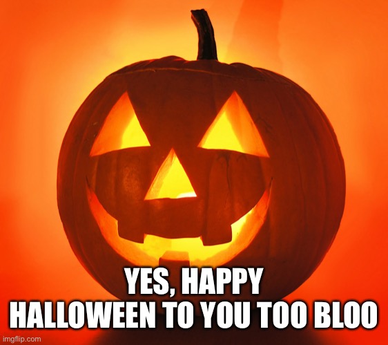 Jack-o-lantern | YES, HAPPY HALLOWEEN TO YOU TOO BLOO | image tagged in jack-o-lantern | made w/ Imgflip meme maker