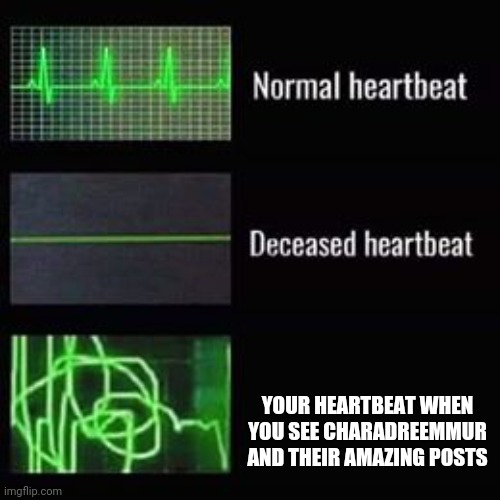heartbeat rate | YOUR HEARTBEAT WHEN YOU SEE CHARADREEMMUR AND THEIR AMAZING POSTS | image tagged in heartbeat rate | made w/ Imgflip meme maker