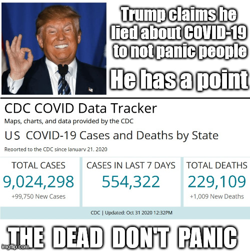 Trump Goes Viral | Trump claims he lied about COVID-19  to not panic people; He has a point; THE  DEAD  DON'T  PANIC | image tagged in the covid kid,trump,trump covid-19,trump pandemic,trump supporters,trump meme | made w/ Imgflip meme maker