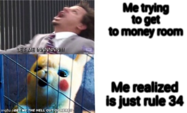Why | Me trying to get to money room; Me realized is just rule 34 | image tagged in let me in/let me out,scam,rule 34 | made w/ Imgflip meme maker