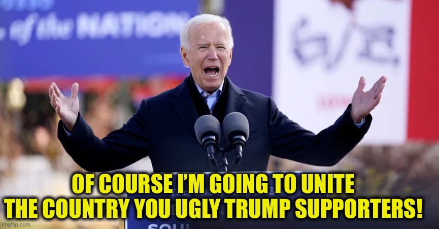 Joe Biden | OF COURSE I’M GOING TO UNITE THE COUNTRY YOU UGLY TRUMP SUPPORTERS! | image tagged in joe biden,memes,election 2020,2020 elections,democrats | made w/ Imgflip meme maker