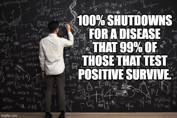 Math | 100% SHUTDOWNS FOR A DISEASE THAT 99% OF THOSE THAT TEST POSITIVE SURVIVE. | image tagged in math | made w/ Imgflip meme maker