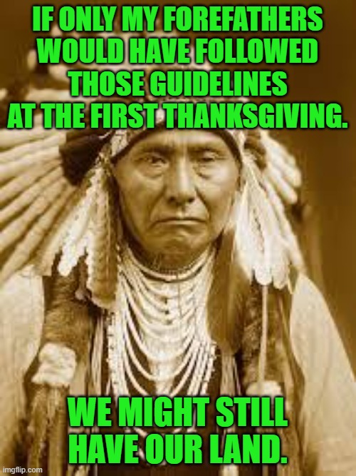 Native American | IF ONLY MY FOREFATHERS WOULD HAVE FOLLOWED THOSE GUIDELINES AT THE FIRST THANKSGIVING. WE MIGHT STILL HAVE OUR LAND. | image tagged in native american | made w/ Imgflip meme maker