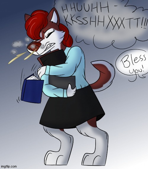 Sneezy husky student | image tagged in husky,student,sneeze,dust,books,dog | made w/ Imgflip meme maker