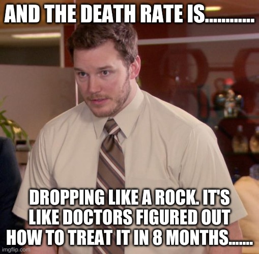 Afraid To Ask Andy Meme | AND THE DEATH RATE IS............ DROPPING LIKE A ROCK. IT'S LIKE DOCTORS FIGURED OUT HOW TO TREAT IT IN 8 MONTHS....... | image tagged in memes,afraid to ask andy | made w/ Imgflip meme maker