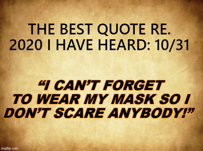 BEST 2020 quote! | THE BEST QUOTE RE. 2020 I HAVE HEARD: 10/31; “I CAN’T FORGET TO WEAR MY MASK SO I DON’T SCARE ANYBODY!” | image tagged in halloween,happy halloween | made w/ Imgflip meme maker