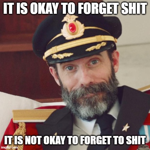 Captain Obvious | IT IS OKAY TO FORGET SHIT; IT IS NOT OKAY TO FORGET TO SHIT | image tagged in captain obvious,words of wisdom,bathroom | made w/ Imgflip meme maker