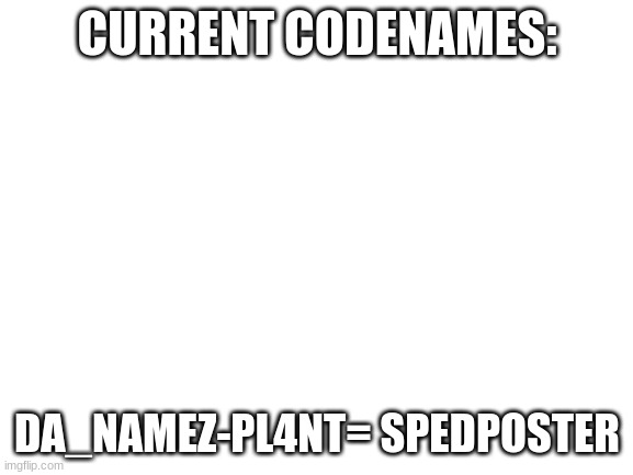 Blank White Template | CURRENT CODENAMES:; DA_NAMEZ-PL4NT= SPEDPOSTER | image tagged in blank white template | made w/ Imgflip meme maker
