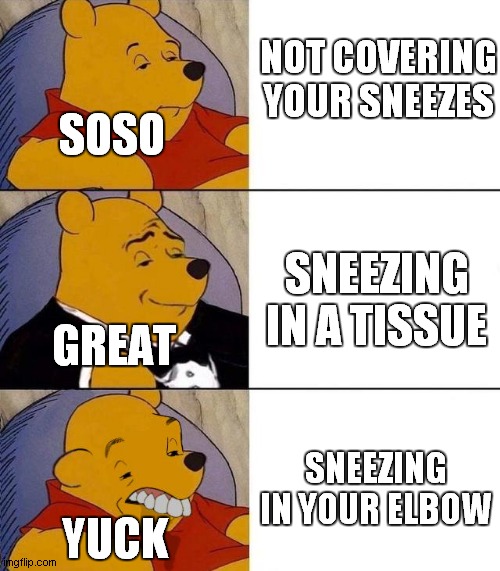 Types of sneezes (upvote if you like sneezing) | NOT COVERING YOUR SNEEZES; SOSO; SNEEZING IN A TISSUE; GREAT; SNEEZING IN YOUR ELBOW; YUCK | image tagged in best better blurst,tissue,sneeze,elbow,sneezing | made w/ Imgflip meme maker