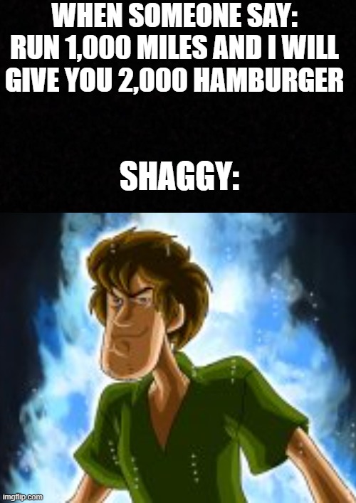 a normal shaggy | WHEN SOMEONE SAY: RUN 1,000 MILES AND I WILL GIVE YOU 2,000 HAMBURGER; SHAGGY: | image tagged in shaggy meme | made w/ Imgflip meme maker