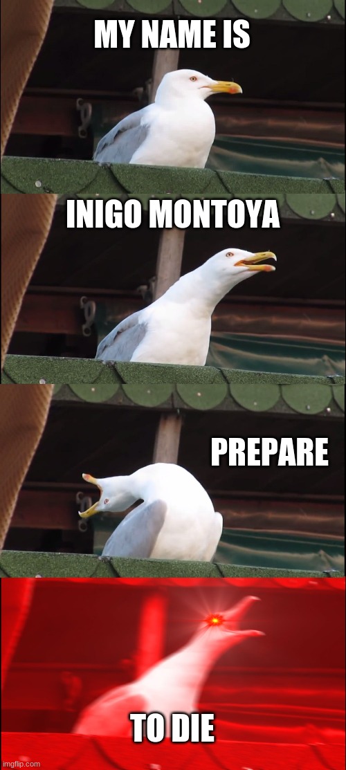 Inhaling Seagull Meme | MY NAME IS; INIGO MONTOYA; PREPARE; TO DIE | image tagged in memes,inhaling seagull | made w/ Imgflip meme maker