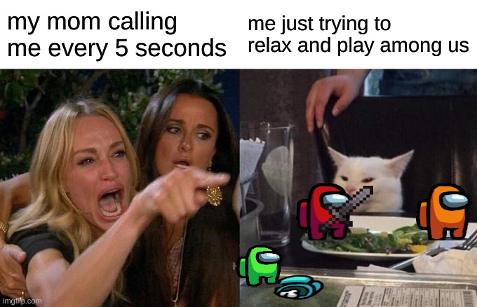 Woman Yelling At Cat | my mom calling me every 5 seconds; me just trying to relax and play among us | image tagged in memes,woman yelling at cat | made w/ Imgflip meme maker