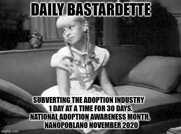 DAILY BASTARDETTE; SUBVERTING THE ADOPTION INDUSTRY   
 1 DAY AT A TIME FOR 30 DAYS. 
NATIONAL ADOPTION AWARENESS MONTH. 
 NANOPOBLANO NOVEMBER 2020 | made w/ Imgflip meme maker