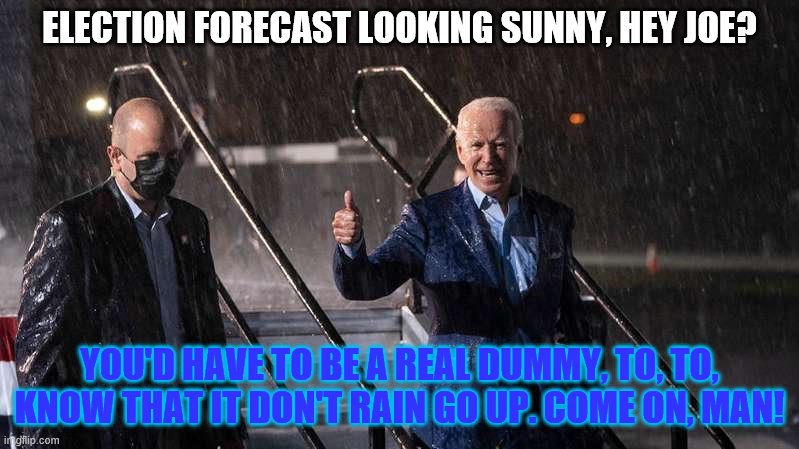 One order of double pneumonia coming right up | ELECTION FORECAST LOOKING SUNNY, HEY JOE? YOU'D HAVE TO BE A REAL DUMMY, TO, TO, KNOW THAT IT DON'T RAIN GO UP. COME ON, MAN! | image tagged in political meme,politics,joe biden,election 2020,polls | made w/ Imgflip meme maker