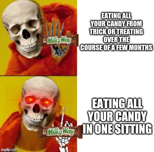 This was me | EATING ALL YOUR CANDY FROM TRICK OR TREATING OVER THE COURSE OF A FEW MONTHS; EATING ALL YOUR CANDY IN ONE SITTING | image tagged in spooky drake,meme,memes,funny,drake,spooktober | made w/ Imgflip meme maker