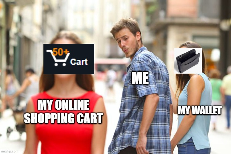 Online Shopping | ME; MY ONLINE SHOPPING CART; MY WALLET | image tagged in memes,distracted boyfriend | made w/ Imgflip meme maker