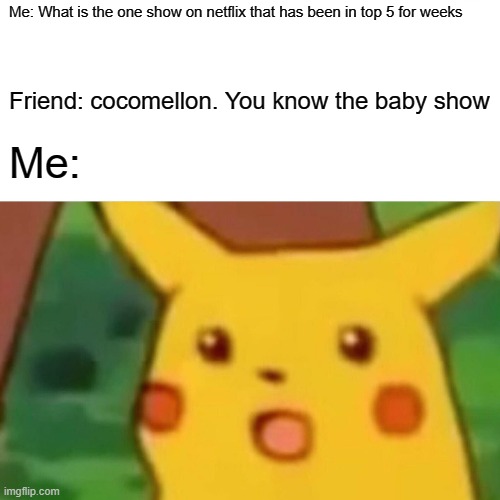 Cocomelon has been on netflix for weeks lol they should at least add more episodes for the babies | Me: What is the one show on netflix that has been in top 5 for weeks; Friend: cocomellon. You know the baby show; Me: | image tagged in memes,surprised pikachu | made w/ Imgflip meme maker