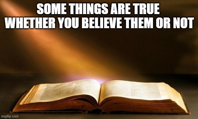 Truth | SOME THINGS ARE TRUE 
WHETHER YOU BELIEVE THEM OR NOT | image tagged in bible | made w/ Imgflip meme maker