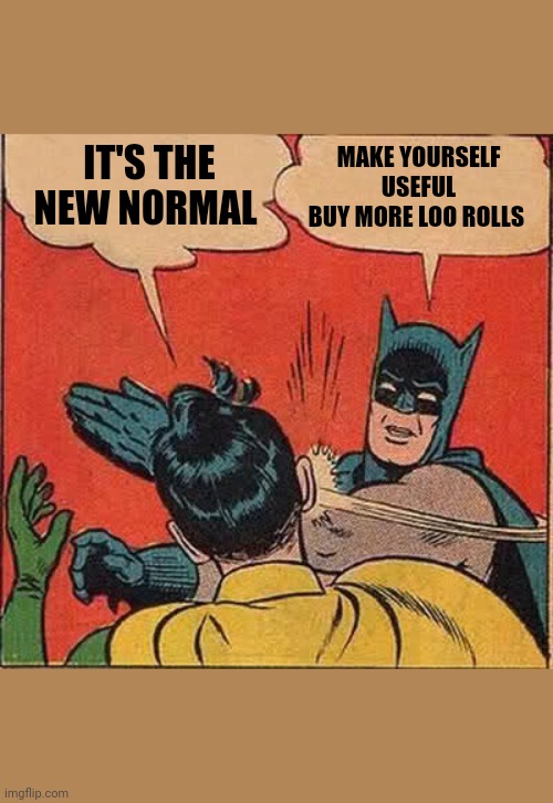 New Normal | MAKE YOURSELF USEFUL
BUY MORE LOO ROLLS; IT'S THE
NEW NORMAL | image tagged in memes,batman slapping robin | made w/ Imgflip meme maker
