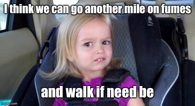 wtf girl | I think we can go another mile on fumes and walk if need be | image tagged in wtf girl | made w/ Imgflip meme maker
