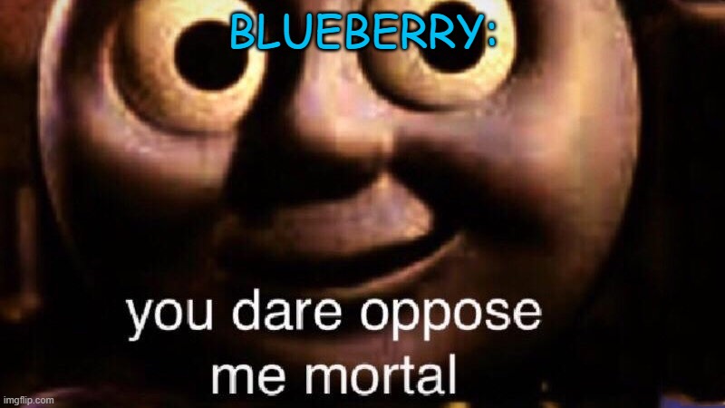 You dare oppose me mortal | BLUEBERRY: | image tagged in you dare oppose me mortal | made w/ Imgflip meme maker