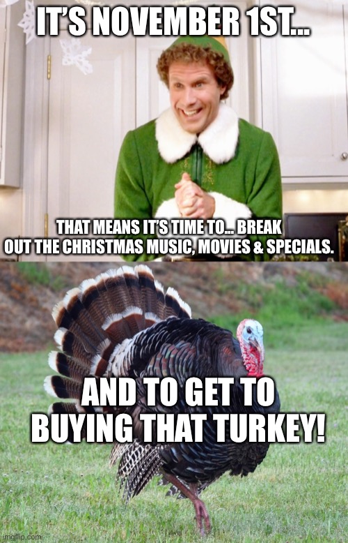 November 1st |  IT’S NOVEMBER 1ST... THAT MEANS IT’S TIME TO... BREAK OUT THE CHRISTMAS MUSIC, MOVIES & SPECIALS. AND TO GET TO BUYING THAT TURKEY! | image tagged in holidays | made w/ Imgflip meme maker