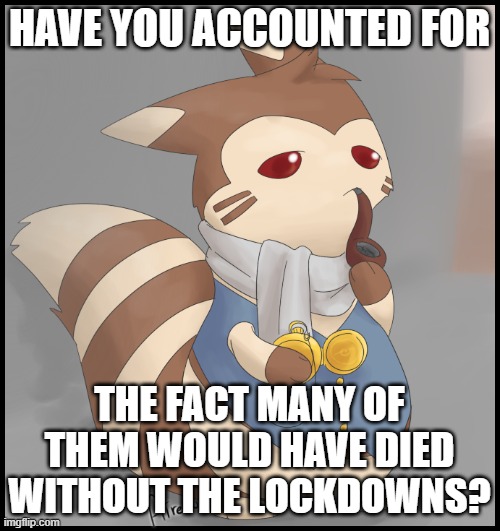 Lockdowns carry costs. Buts so does not locking down! | HAVE YOU ACCOUNTED FOR; THE FACT MANY OF THEM WOULD HAVE DIED WITHOUT THE LOCKDOWNS? | image tagged in fancy furret,social distancing | made w/ Imgflip meme maker