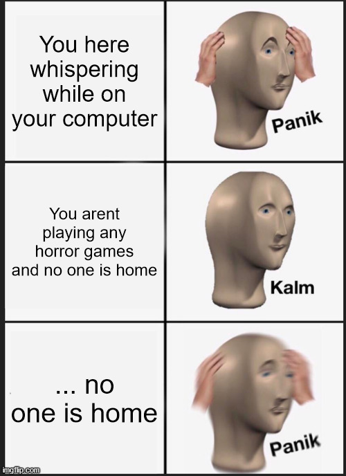 Panik Kalm Panik Meme | You here whispering while on your computer; You arent playing any horror games and no one is home; ... no one is home | image tagged in memes,panik kalm panik | made w/ Imgflip meme maker