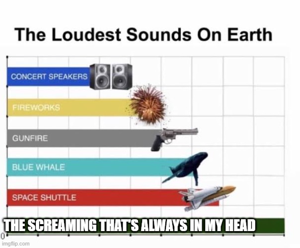 The Loudest Sounds on Earth | THE SCREAMING THAT'S ALWAYS IN MY HEAD | image tagged in the loudest sounds on earth | made w/ Imgflip meme maker