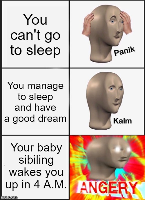 ANGERY | You can't go to sleep; You manage to sleep and have a good dream; Your baby sibiling wakes you up in 4 A.M. | image tagged in memes,panik kalm panik,angery | made w/ Imgflip meme maker