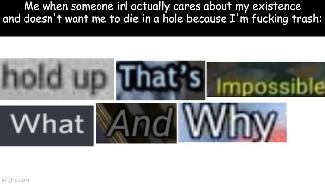 Me when someone irl actually cares about my existence and doesn't want me to die in a hole because I'm fucking trash:; I WISH... BUT NOPE. | made w/ Imgflip meme maker