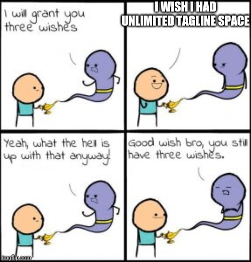 tagine space... hmmm yes.... | I WISH I HAD UNLIMITED TAGLINE SPACE | image tagged in genie agrees | made w/ Imgflip meme maker