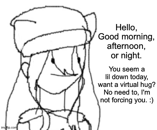 . | Hello, Good morning, afternoon, or night. You seem a lil down today, want a virtual hug? No need to, I'm not forcing you. :) | image tagged in shiyu has something to say ver two | made w/ Imgflip meme maker