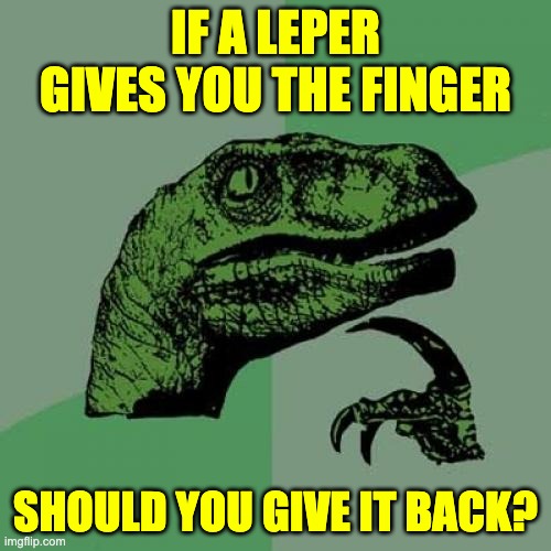 Hmmmm | IF A LEPER GIVES YOU THE FINGER; SHOULD YOU GIVE IT BACK? | image tagged in memes,philosoraptor | made w/ Imgflip meme maker