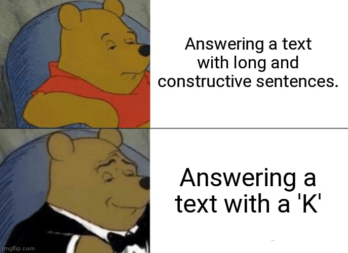 Tuxedo Winnie The Pooh | Answering a text with long and constructive sentences. Answering a text with a 'K' | image tagged in memes,tuxedo winnie the pooh | made w/ Imgflip meme maker